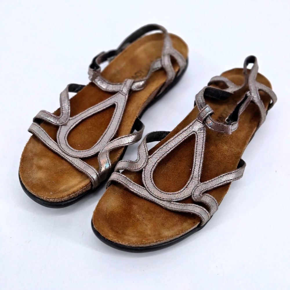 Naot Dorith Strappy Sandal Pewter Metallic Leather Flat Comfort Shoes EU 40 US 9